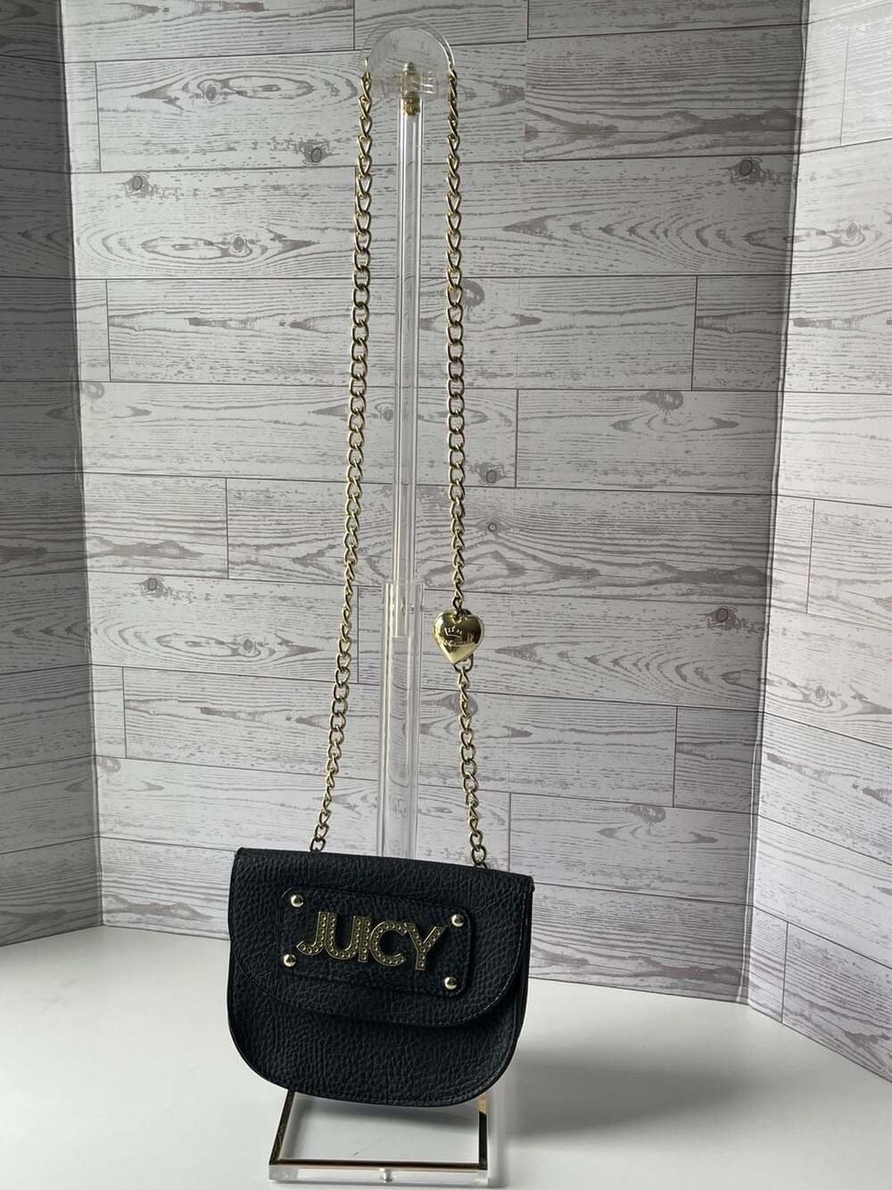 Juicy Couture Black Faux Leather Logo Flap Crossbody Bag with Gold Tone Chain